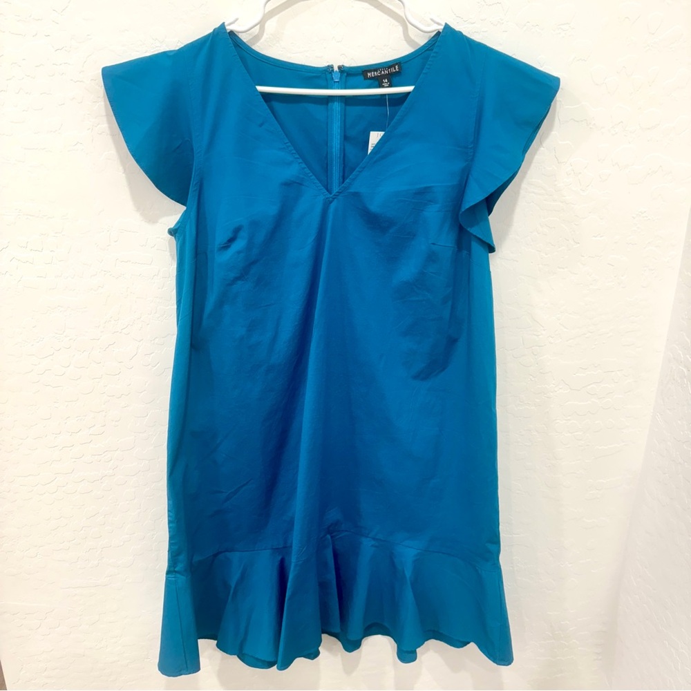 NWT J.Crew Mercantile Dress Womens 14 Teal Blue Ruffle Hem V-Neck Sheath Capsule